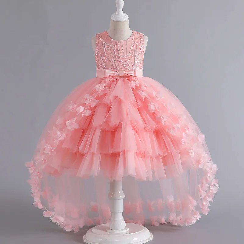 Very Elegant Girls Dress Flower Girl Birthday Party Long Sleeve Lace Dress Wedding Bridesmaid Long Butterfly Lace Tuxedo