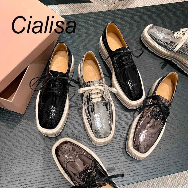 Cialisa 2023 New Platform Flats Shoes Genuine Leather British Style Flower Strappy Women Flat Casual Fashion Shoes Ladies