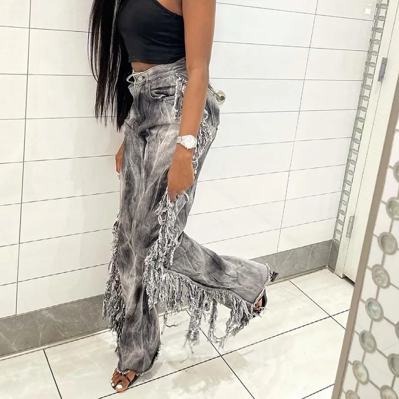 Custom Tie dye Printed Frilly Edges Custom Denim Sexy Jeans for women