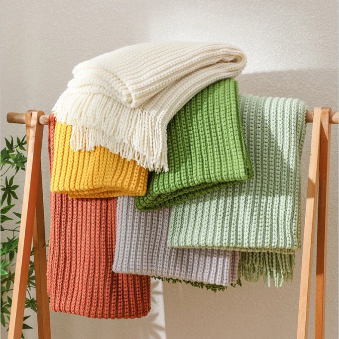 Fringe Tassels Cable Fleece Crochet Throw Textured Solid Acrylic Knitted Blanket For Sofa Couch Bed Decor Throws And Blankets