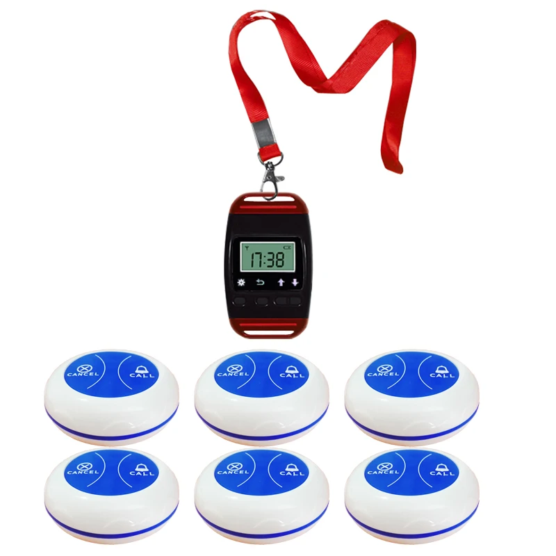 Wireless Waiter Bell System Restaurant Guest Service Table Ordering Button (1 Watch 6 Buzzer)