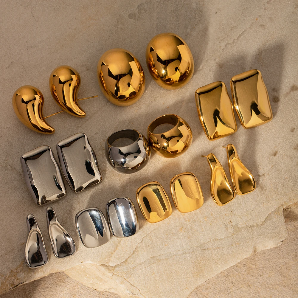 J&D Design Chunky Big Surface Rings Earrings 18k PVD Gold Plated Stainless Steel High Polish Earring Ring Set