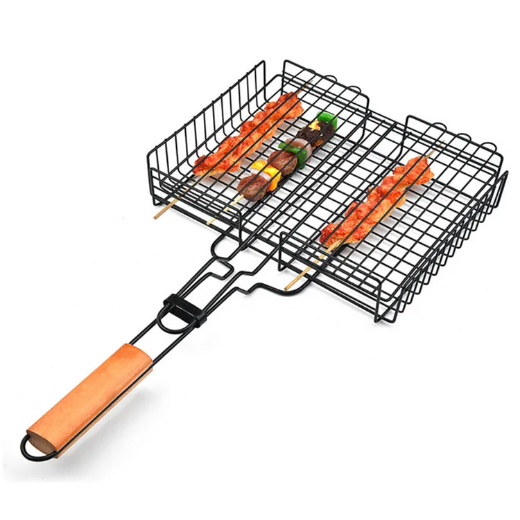 Metal Non Stick BBQ Grilling Basket with Folding Handle, Large Capacity Grilling Basket for Meat, Vegetables, Shrimp