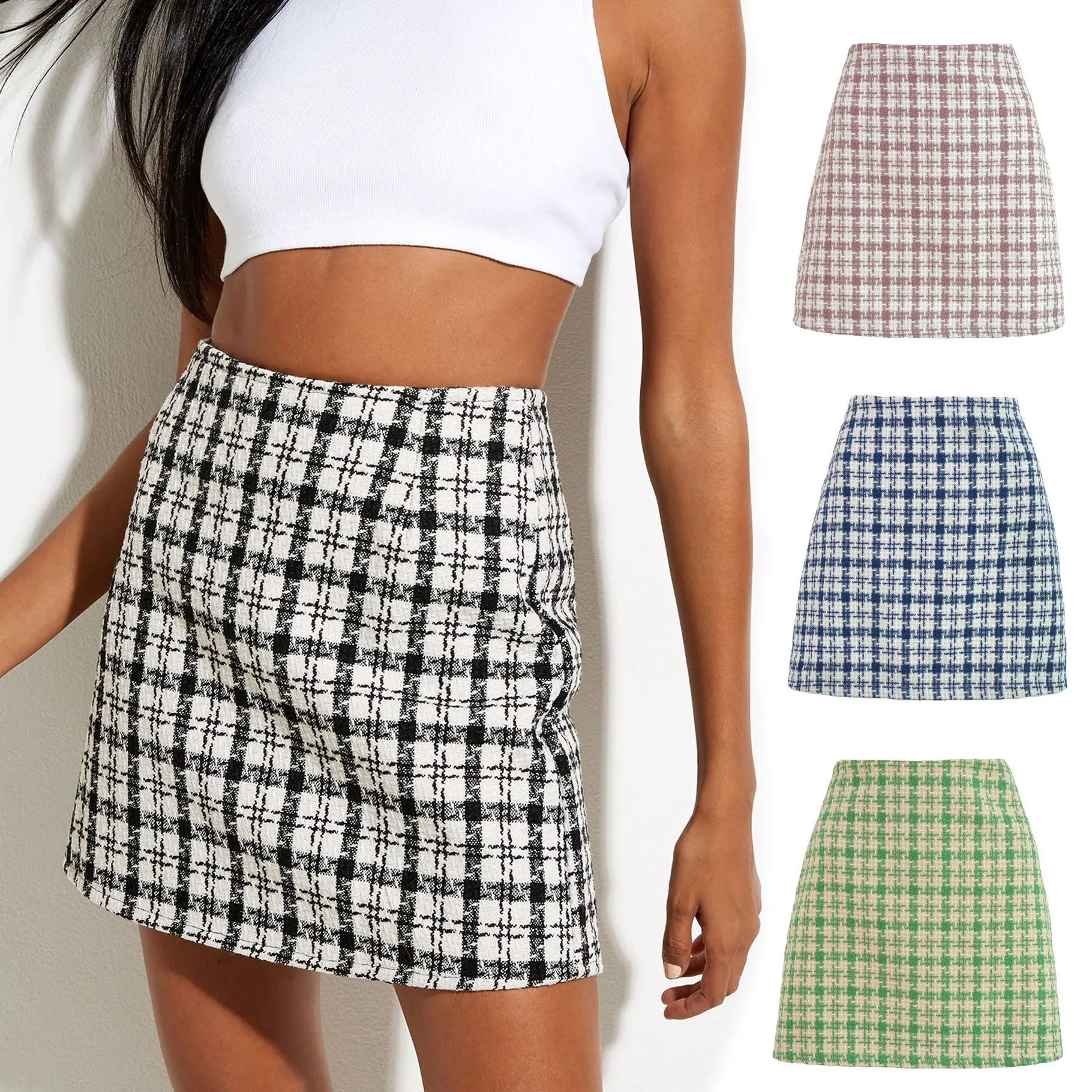 2024 Fall Wholesale Vintage High Waist Fleece Ladies Fashion a Line Mini Plaid Skirt