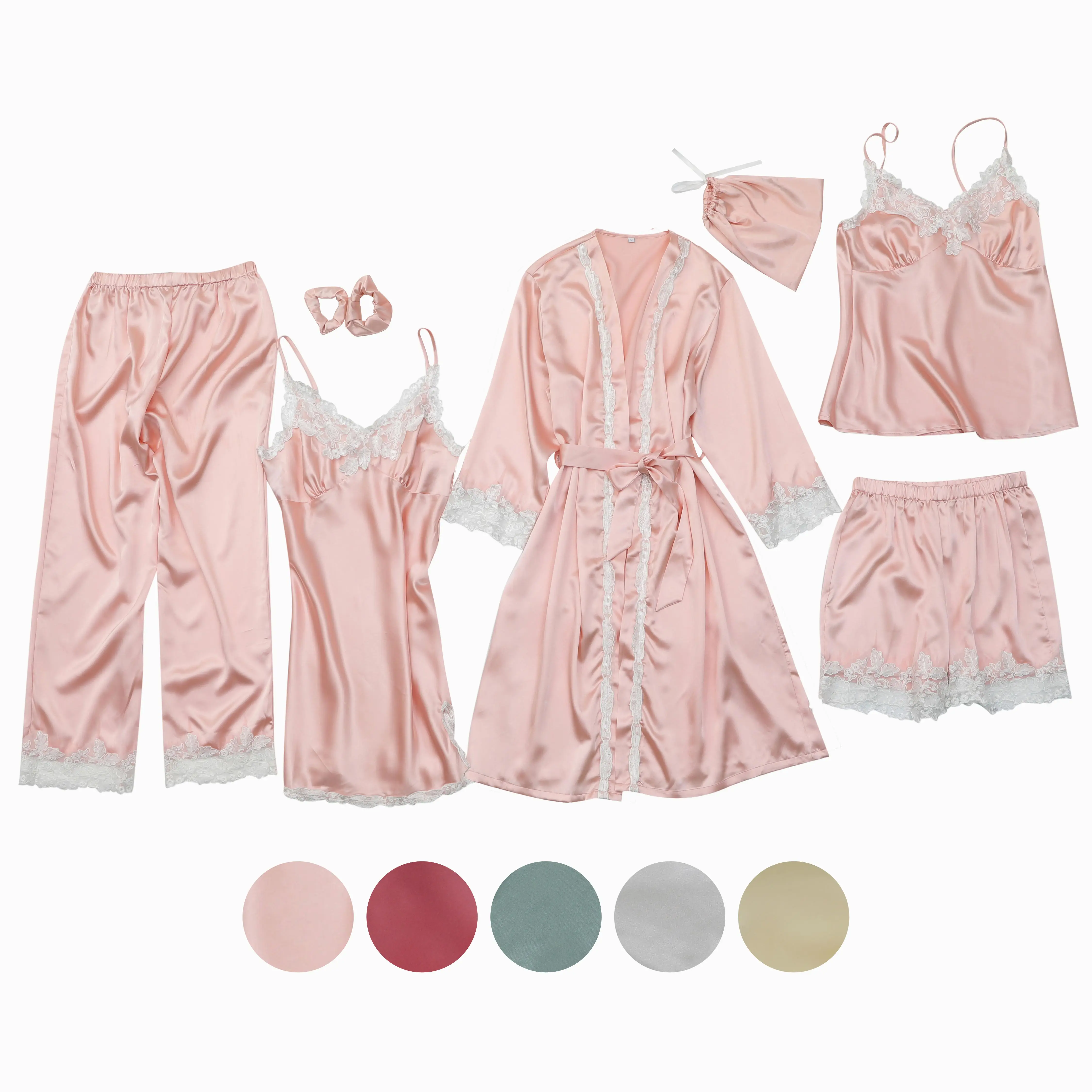 Высококачественная шелковая атласная пижама, 7 шт., женская сексуальная ночная рубашка, пижамы на бретельках, оптовая продажа, кружевной пижамный комплект