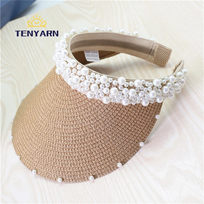 Tenyarn 2023 Visor Cap Fashion Summer Hats Women Beach Pearl Straw Hat China Wholesale