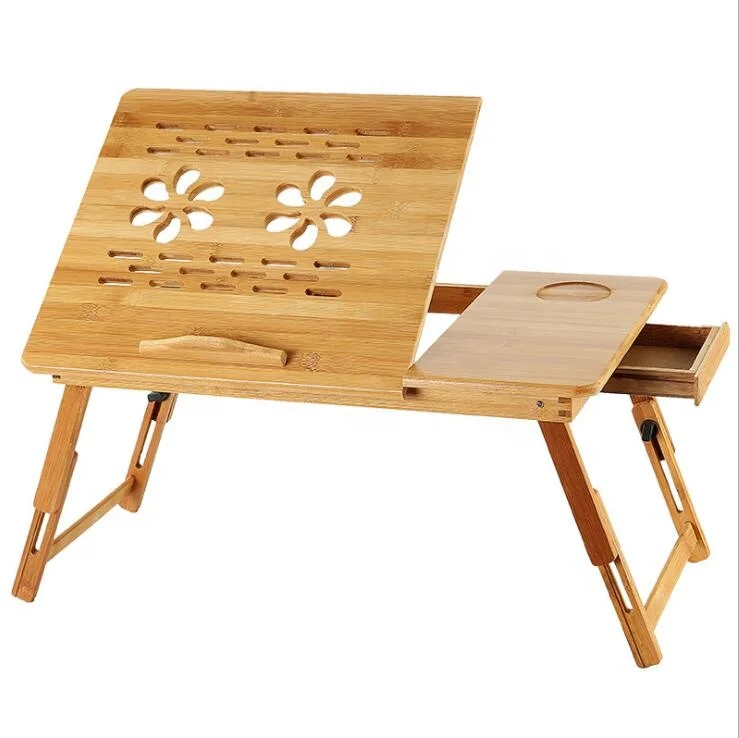 Bamboo Adjustable Recliner Laptop Table With Cooling Hole Drawer