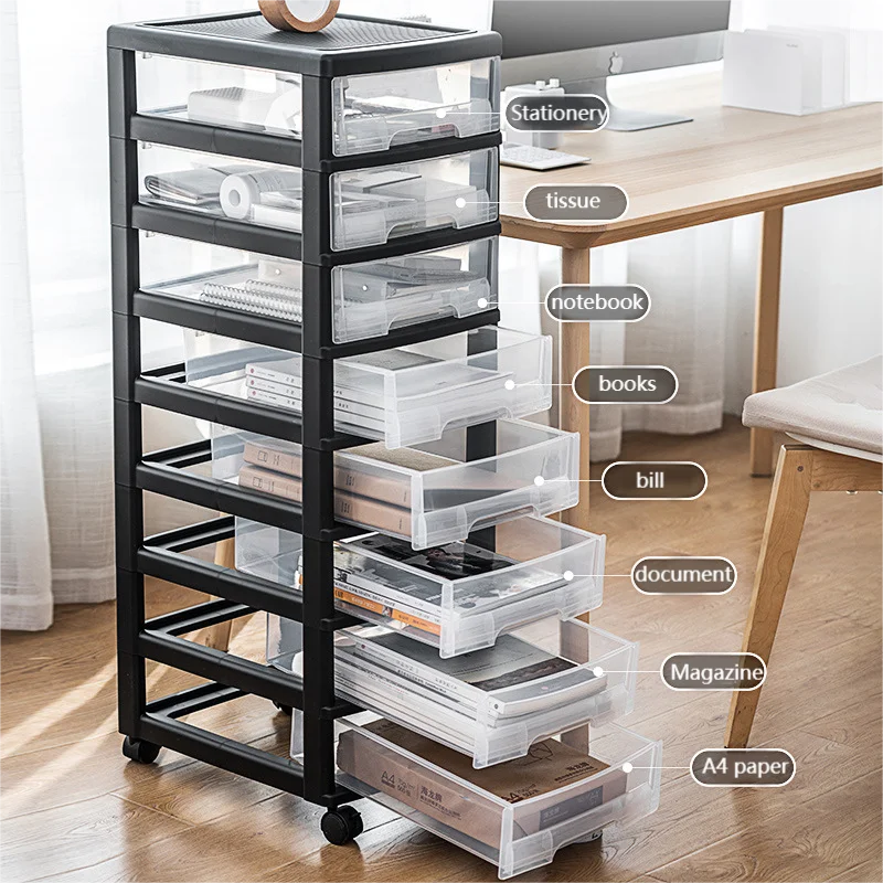 29720 8 Tier Modern Office Storage Boxes plastic household storage drawer cabinet Black Crafts Storage Drawer Carts with Pulley
