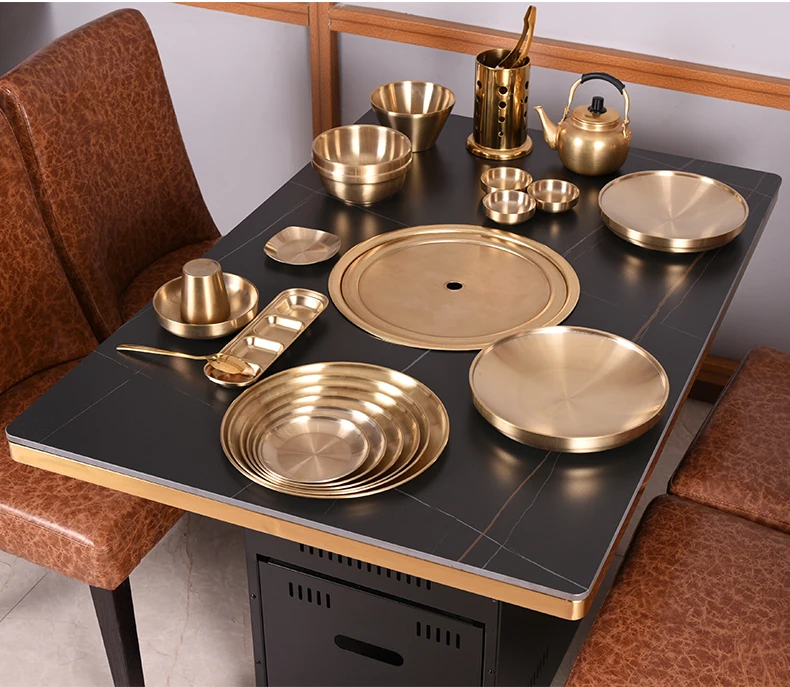 Square Hot Pot Dining Table Restaurant BBQ Table  artificial marble top slate commercial korean bbq grill table