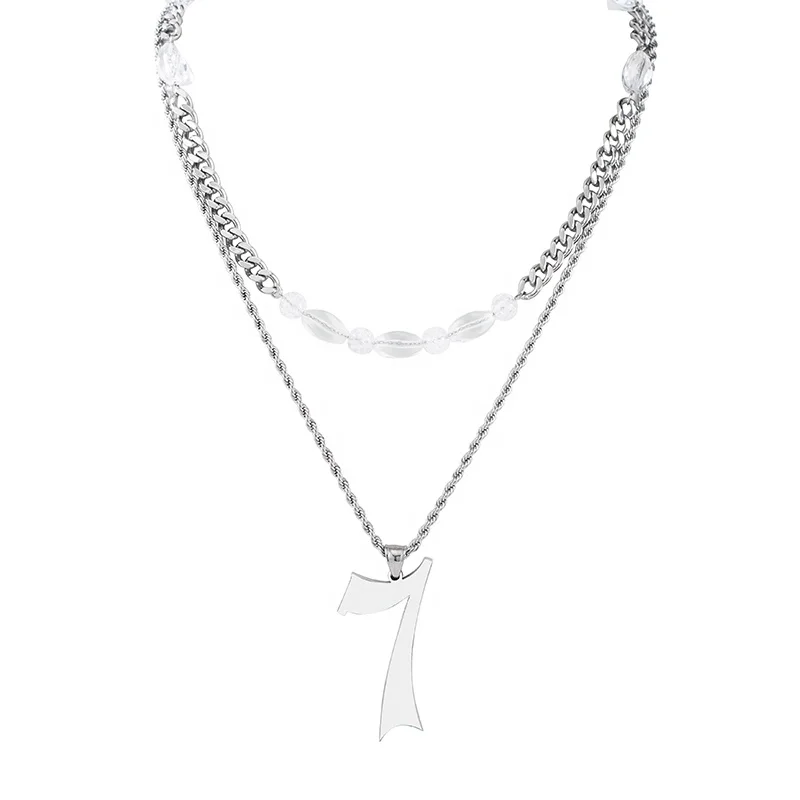 Hot Selling Hip Hop Fashion Jewelry Stainless Steel Splicing Beaded Double Chain Digital Seven Pendant Necklaces