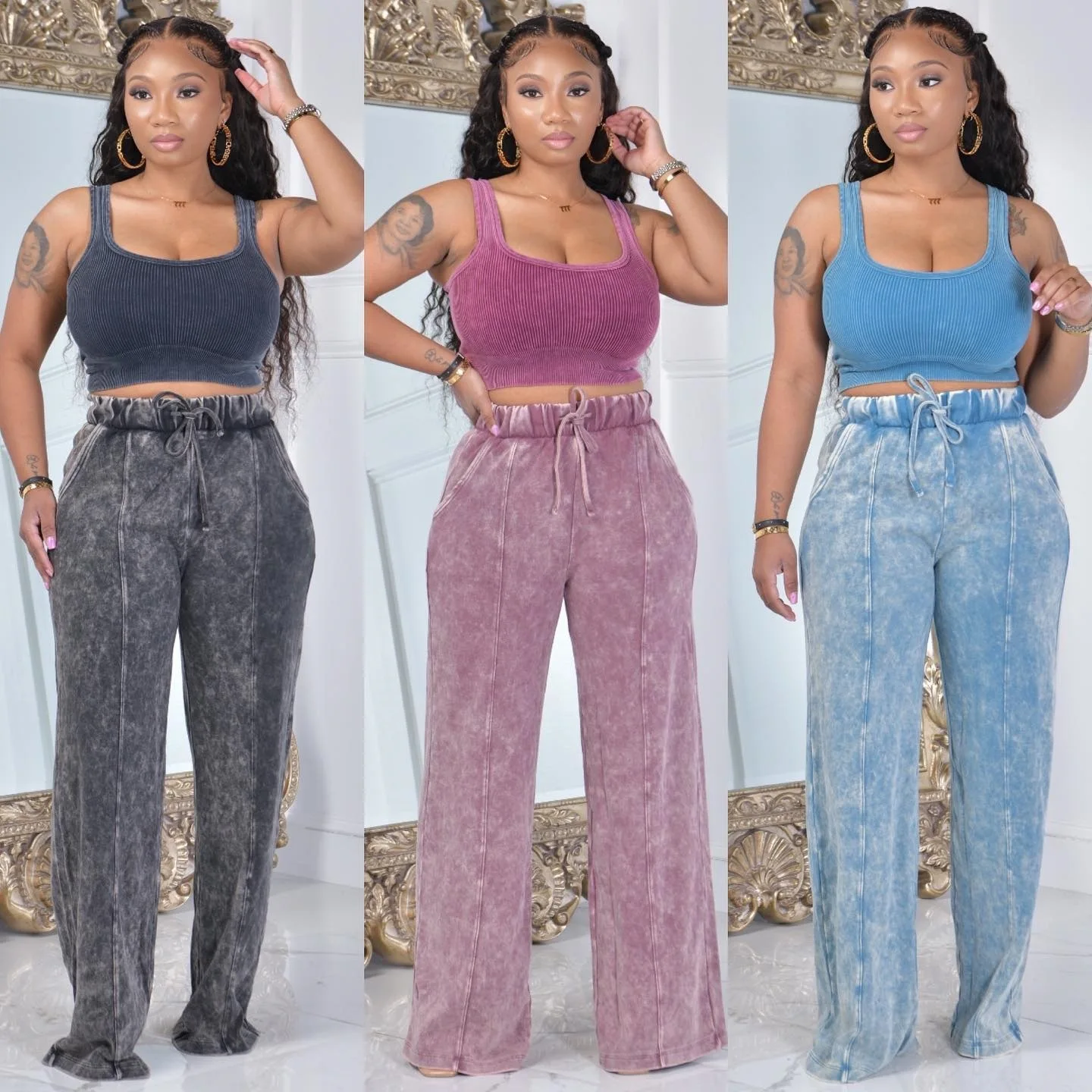 Wholesale fashion high waists baggy pants drawstring wide leg pants for women