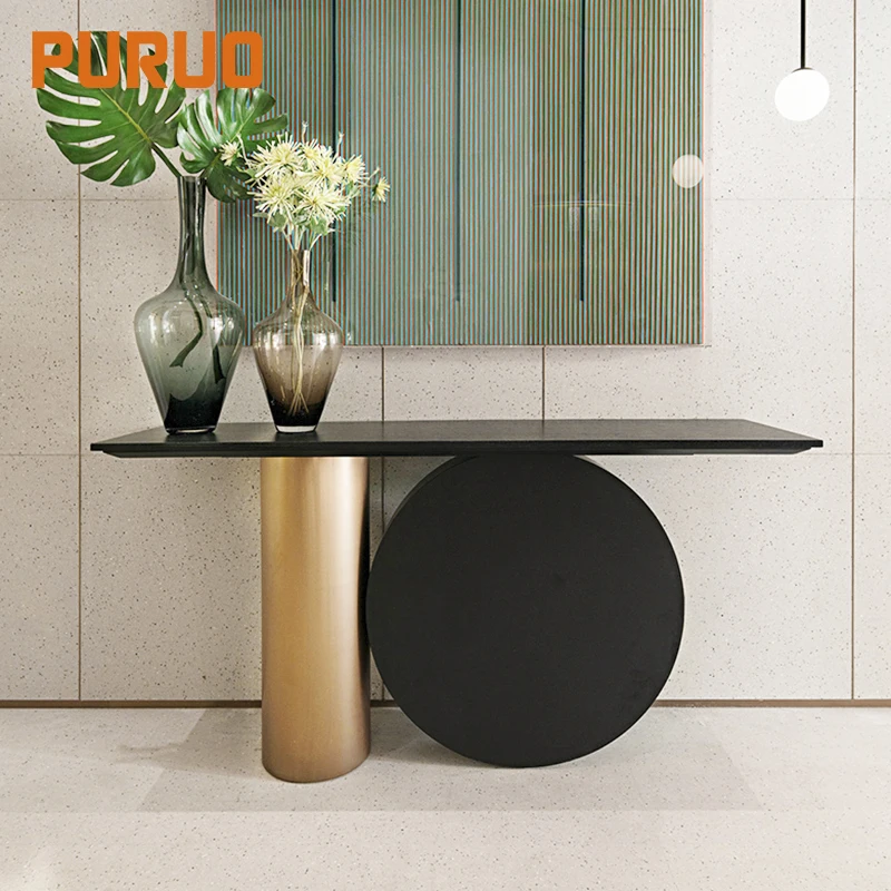PURUO low cbm india metal classic wood glass marble top with mirror stainless steel console table