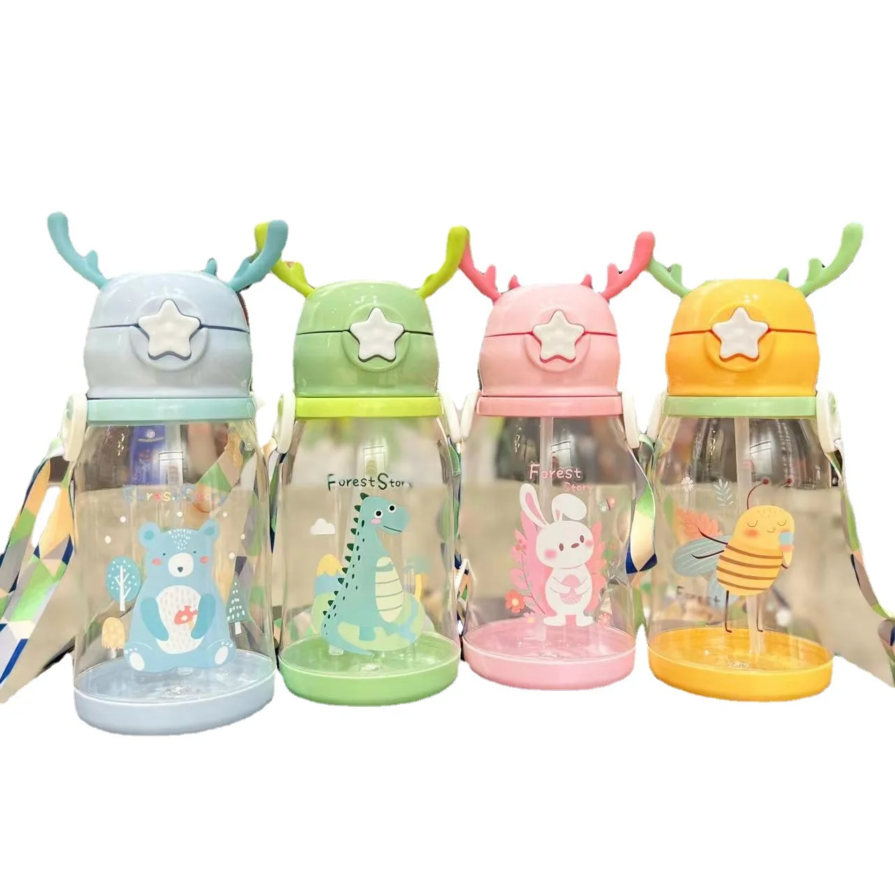 Cartoon Children Large Capacity Deer Horn Plastic Cup glass Student Gift Straw Water Cup kettle water bottle