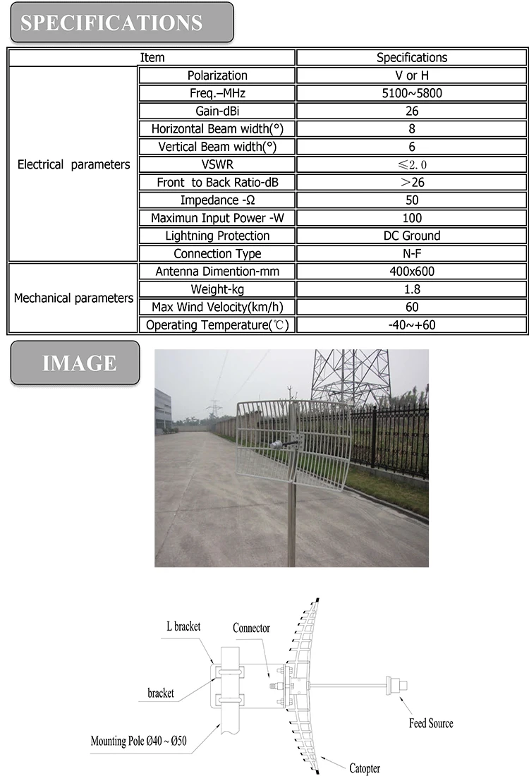 Lte External Wifi Antena Outdoor 5g Antenna 5100-5800mhz Grid Parabolic Antenna 26 dBi rocket dish 5g 30 ubiquity