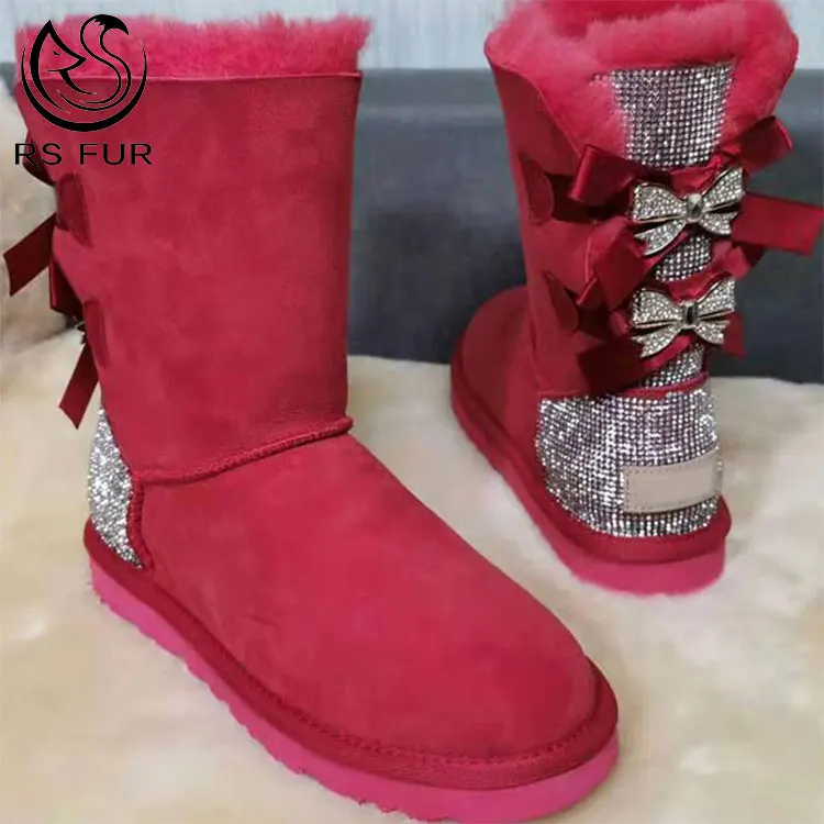 Зимние теплые женские сапоги из овечьей кожи на заказ, меховые сапоги со стразами, уличные Нескользящие сапоги для снега