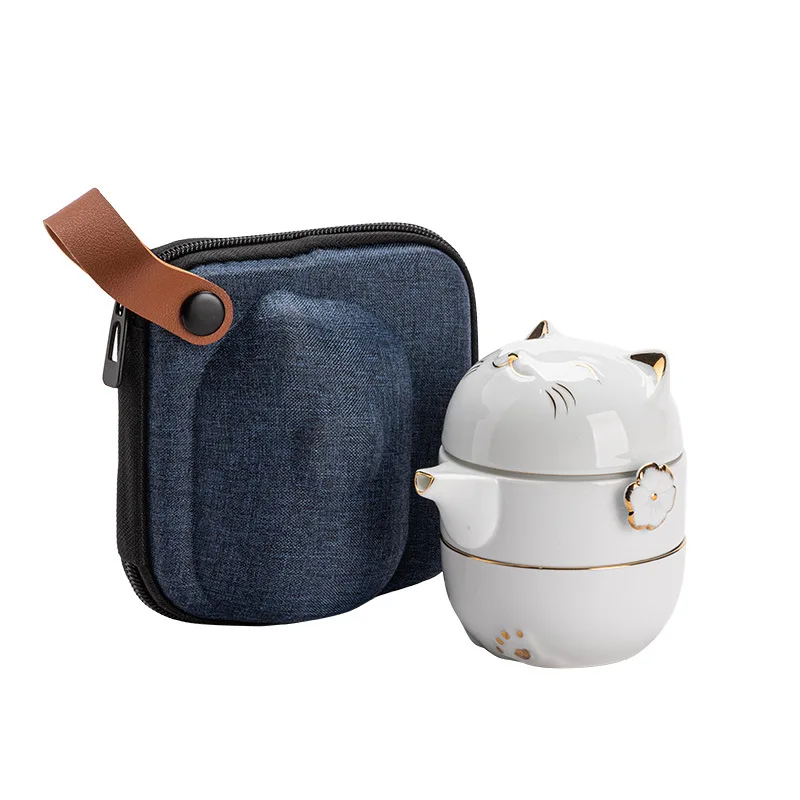 Lucky Cat One Pot Two Cups outdoor travel tea set with portable bag ceramic kung fu teapot sets wholesale