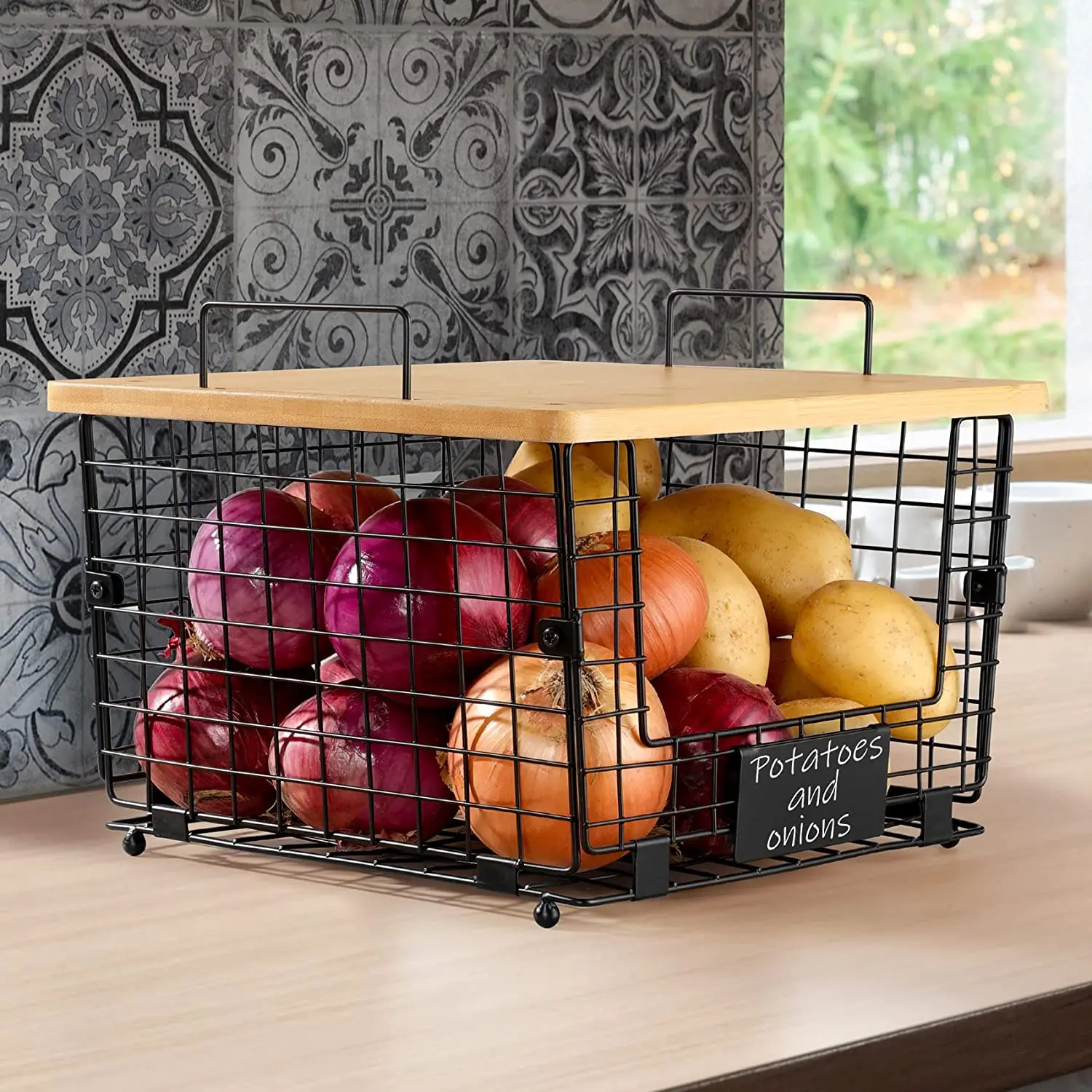 Kitchen Counter Basket Bamboo Top Pantry Cabinet Organization and Storage Wire Basket Countertop Organizer
