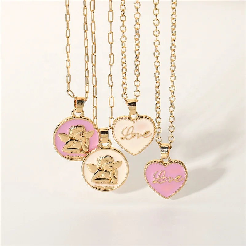 Fashion Jewelry Cute Love Pattern Enamel Heart Pendant Necklace Pink Couples Round Card Cupid Charm Necklaces Ins Style Gift