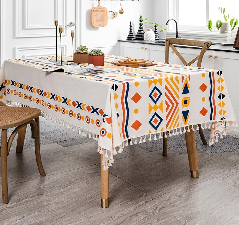 STG Bohemian linen non-washable tablecloth ethnic rectangular tassel tablecloth waterproof oil-proof table cover