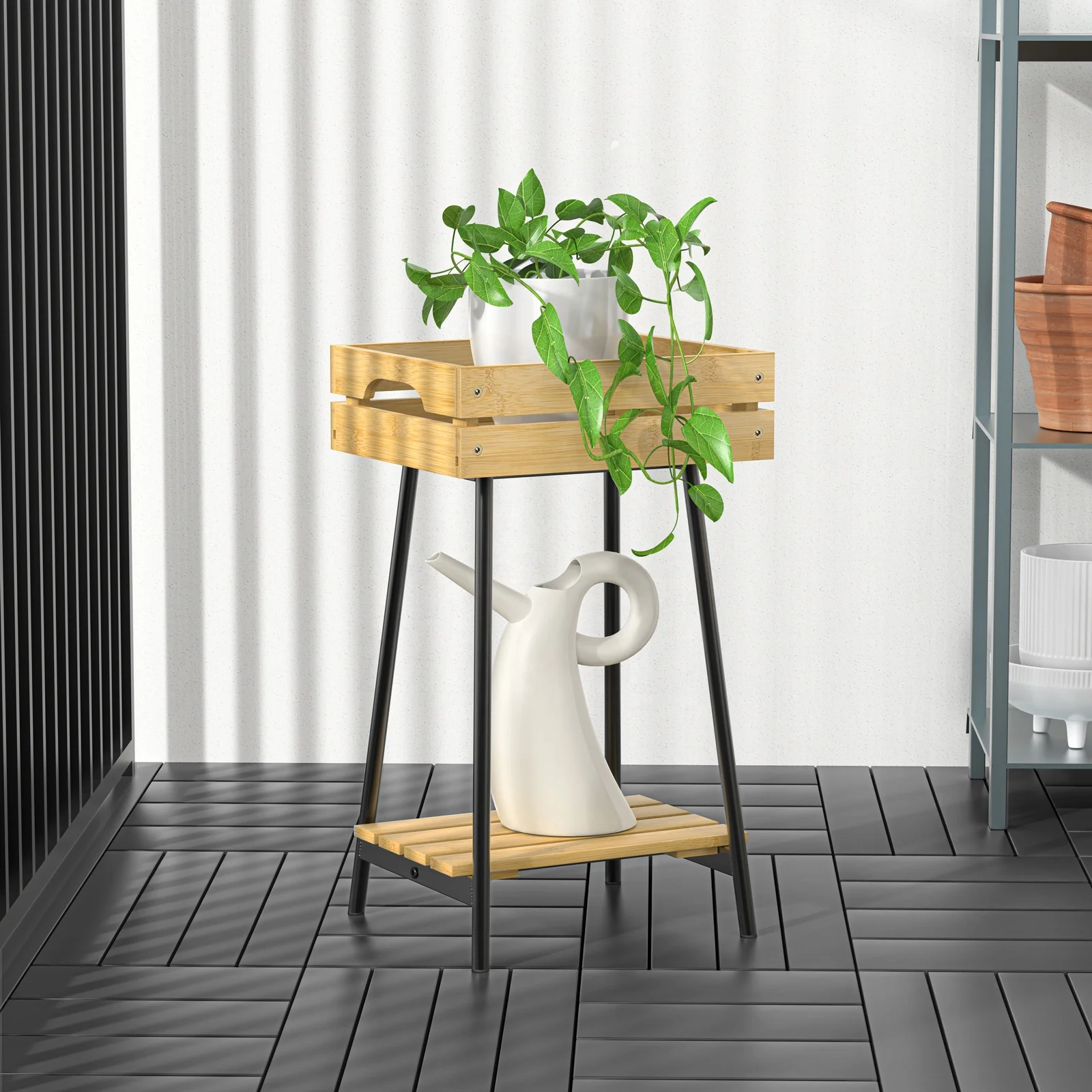 Metal Shelf Bamboo Planter Boxes Small Wooden Bamboo Raised Garden Bed Planter Boxes Shelf With Metal Frame For Outdoor Balcony