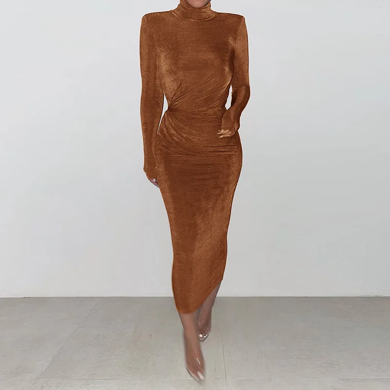 JL292 Best Design Solid Color Velvet Half High Collar Pleats Elegant Casual Evening Dresses Party Bodycon Dress Women 2022