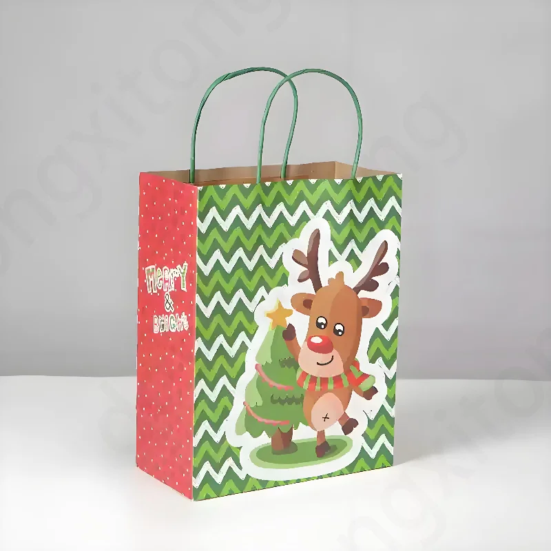 Custom Printed Biodegradable Kraft Paper Bags Christmas Themed for Shopping Food with Custom Logo for Clothing Gift Packaging