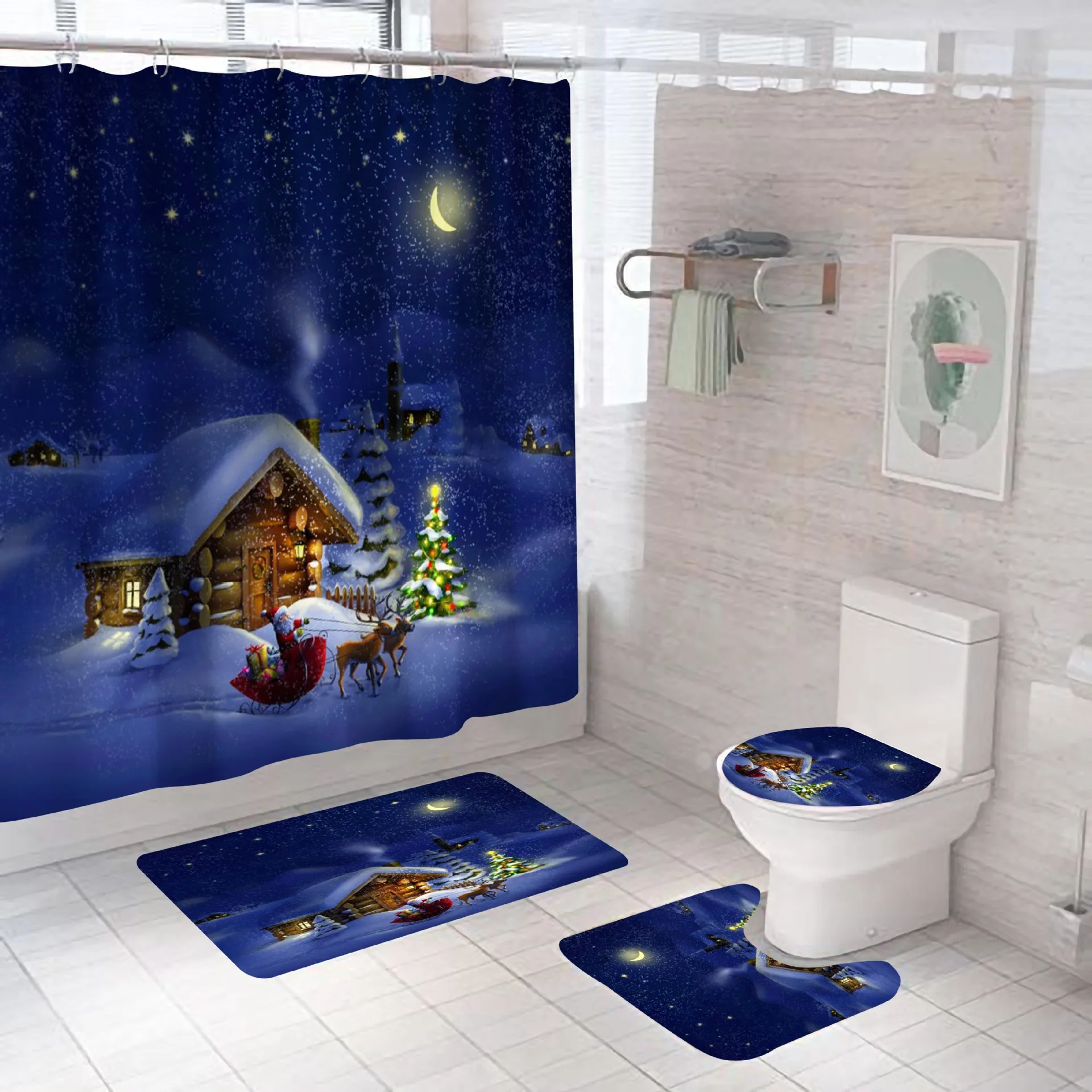 Wholesale Custom Logo Hot Sale 3d Printed Waterproof Fabric Shower Curtain Christmas Shower Curtain 4 Pcs Set For Bathroom