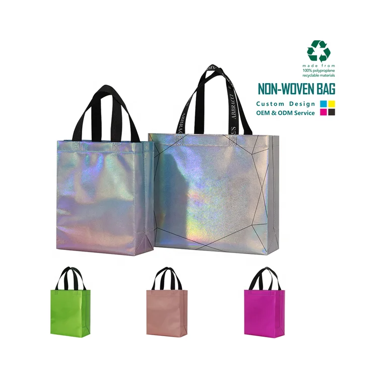 Рекламная модная Нетканая многоцветная голографическая Переливающаяся сумка-тоут с необычными буквами Подарочная сумка для покупок