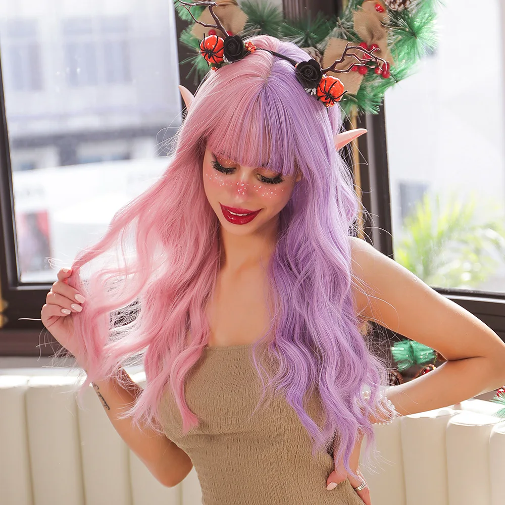 Pink and Purple Half Color Women Girls Synthetic Halloween Cosplay Long Fun Bachelorette Party Wigs with Bangs