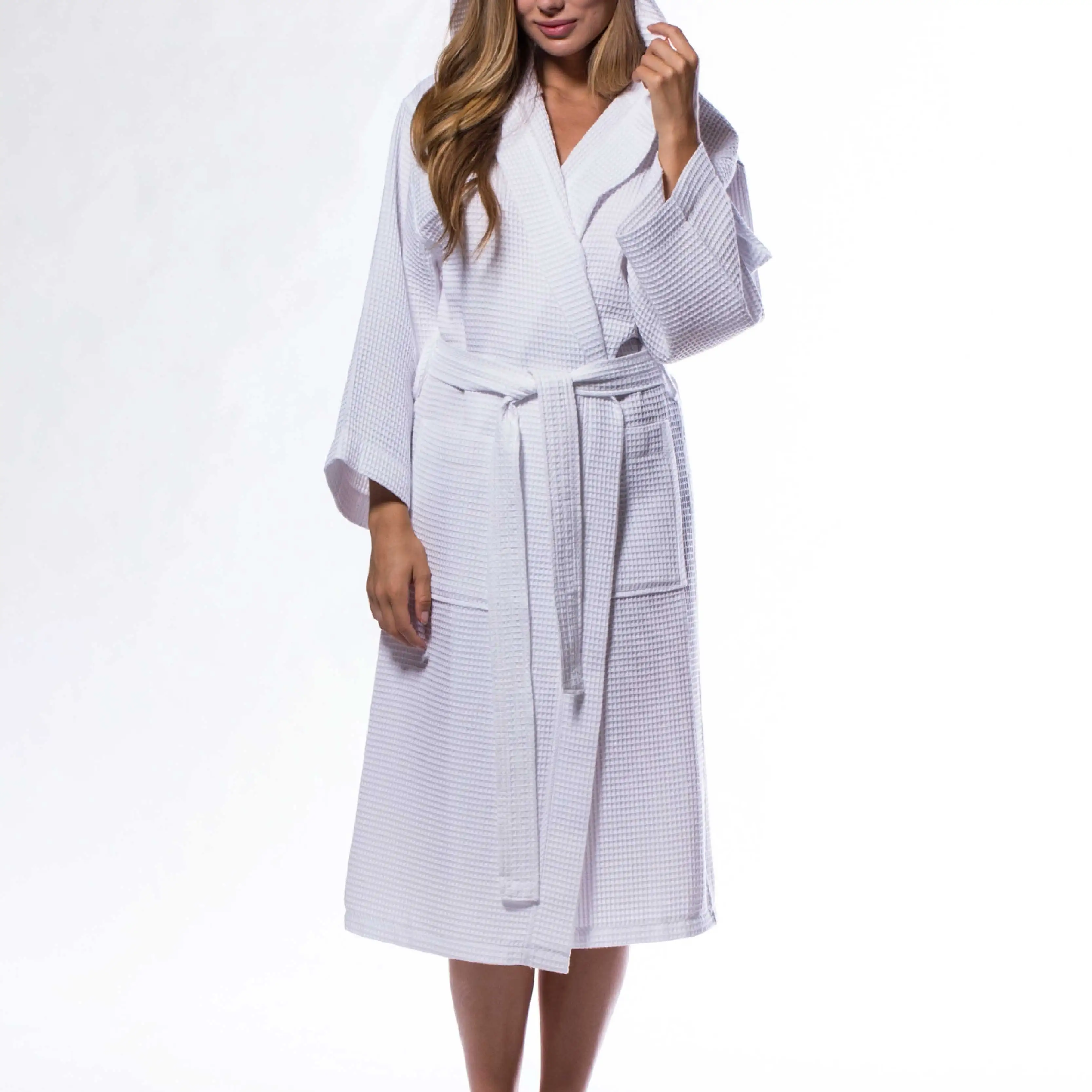 Wholesale Waffle Hooded Long Robe Square Pattern White Lightweight Kimono Spa & Bath Robes for Women