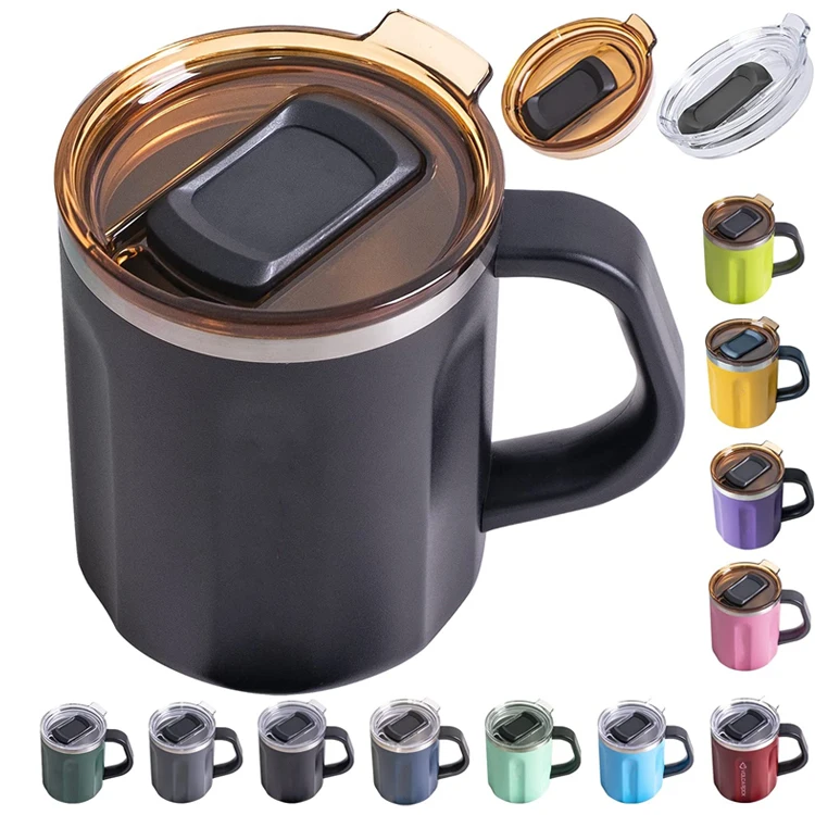 PURPLESEVEN Double Wall Vacuum Insulated 304 Stainless Steel 16oz Thermos Beer Mugs Travel Coffee Mug with Handle and Slider Lid