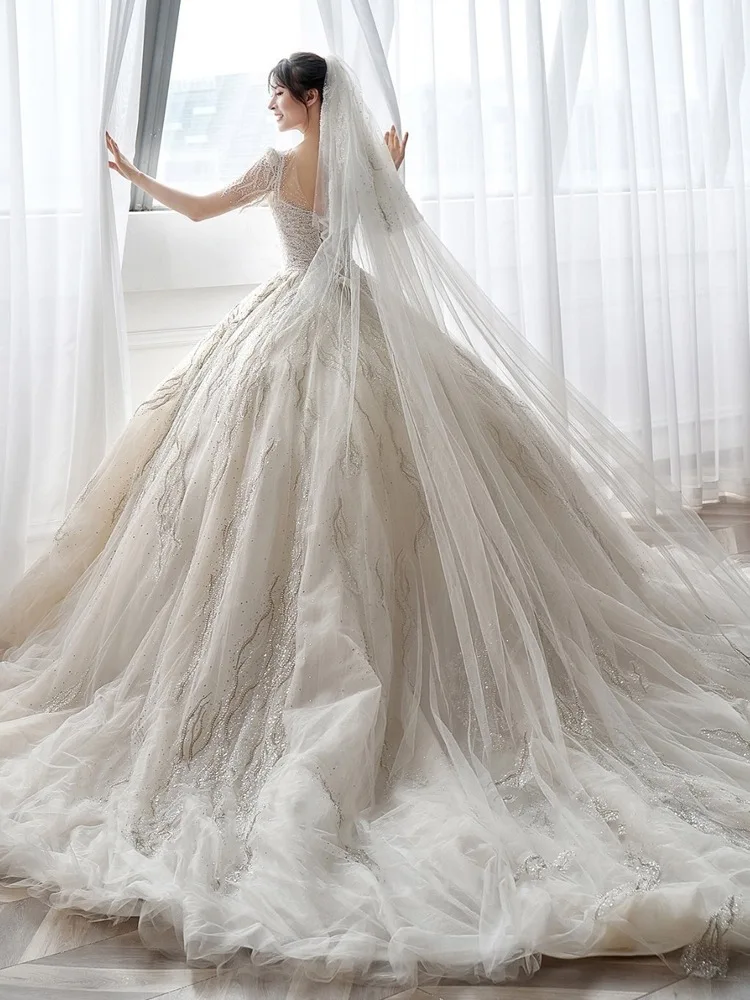 Latest design women tulle beading sequined half sleeve ball gown bridal gown wedding dress