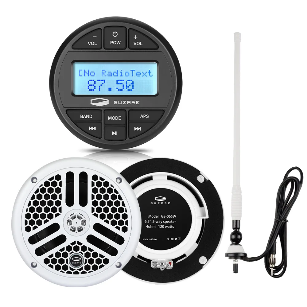 Waterproof Marine Radio Audio Stereo Receiver Player +6.5 Inch Marine Waterproof Stereo Speakers +For RV ATV FM AM Antenna