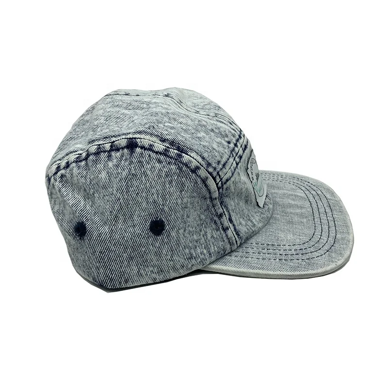 Classical Blue Acid Wash Denim 5 Panel Snap Back Cap and Hat With Custom Logo Patch for Kids