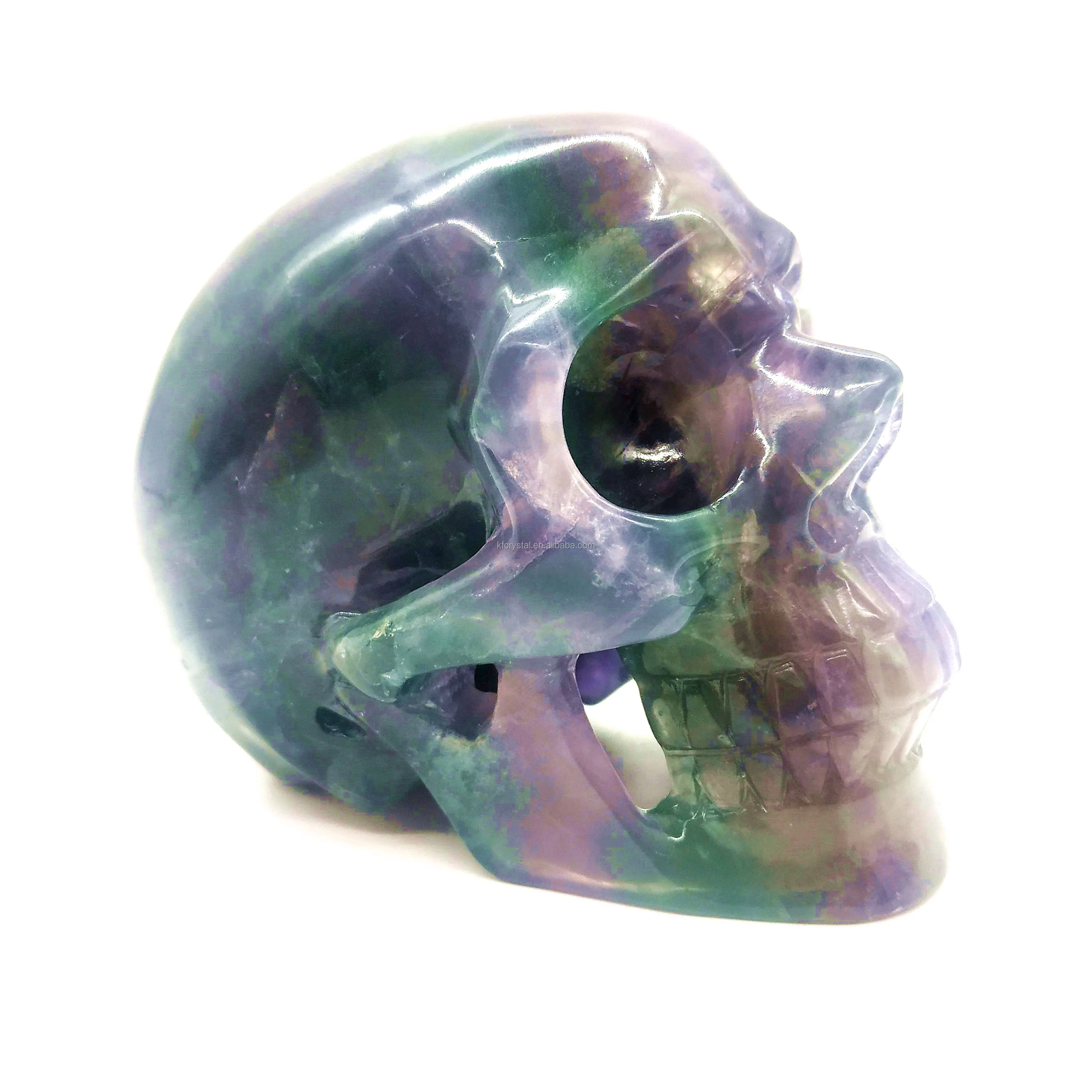 Wholesale Gemstone Natural Quartz Crystal Skulls Folk Crafts Hand Carved Rainbow Fluorite Skulls