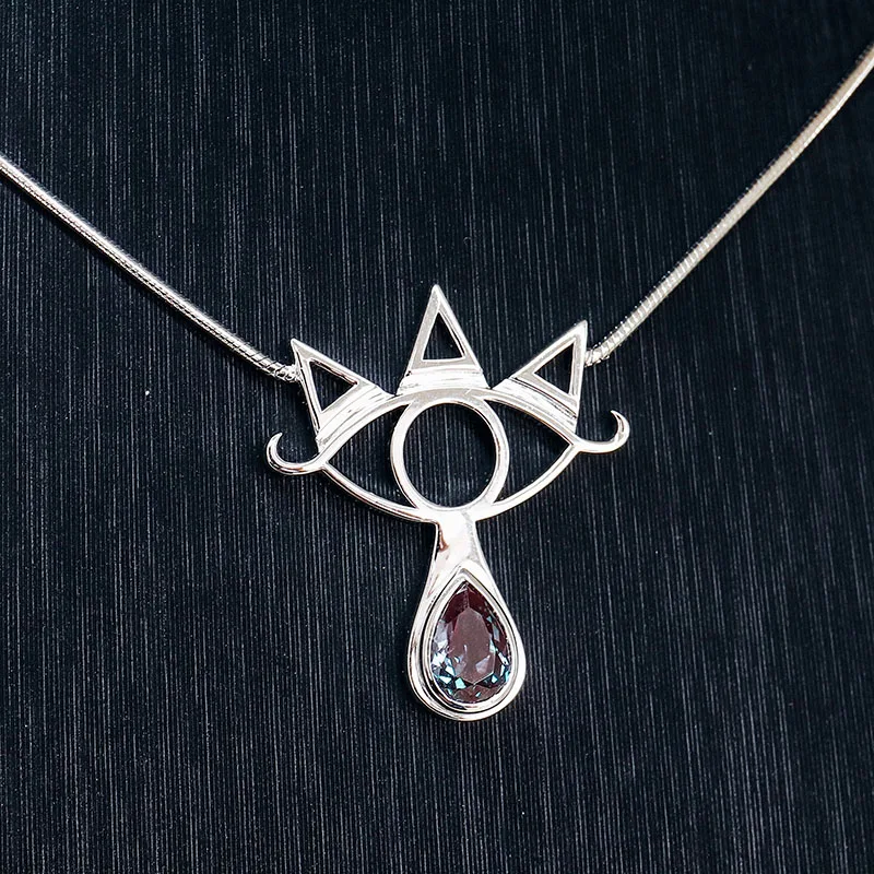 High Quality Jewelry White Gold Plated Lab Alexandrite Gemstone Necklace Lab Grown Alexandrite Eyes Pendant Necklace