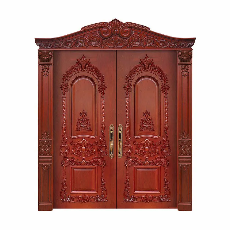 Turkish design garden villa main front gate handmade wood carving mahogany veneer solid wood doors with carved frame and transom