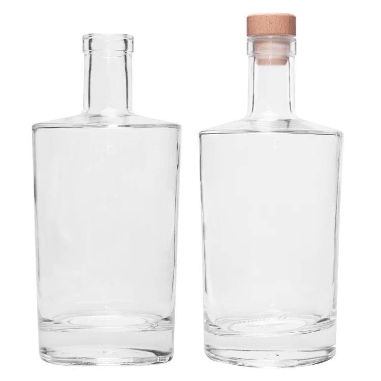 750ml Round Shape Flat Shoulder Vodka Whiskey Glass Liquor Bottle With Wooden Cork