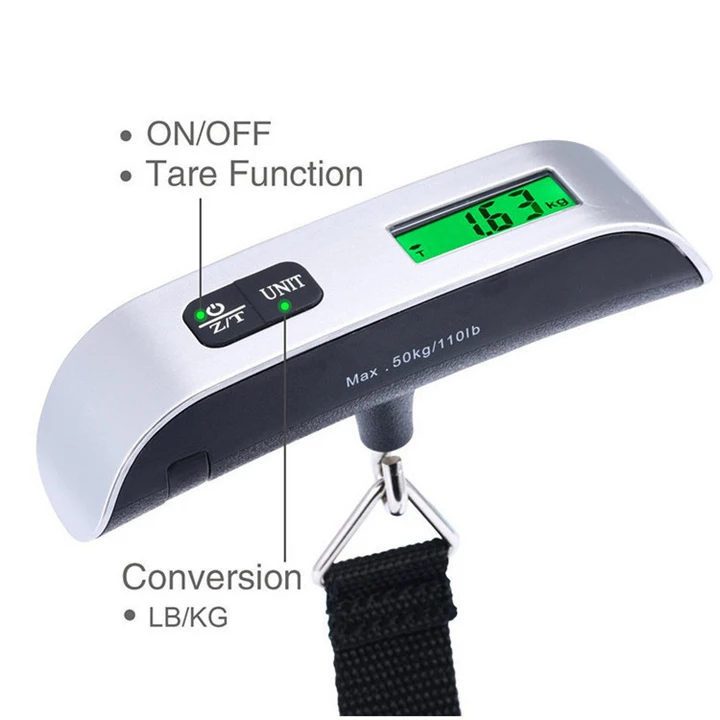 Digital Backlight Luggage Scale with Tare Function, 50Kg 10g 110LB Hanging Handheld Travel Pocket Scale, Travel Baggage Weighing
