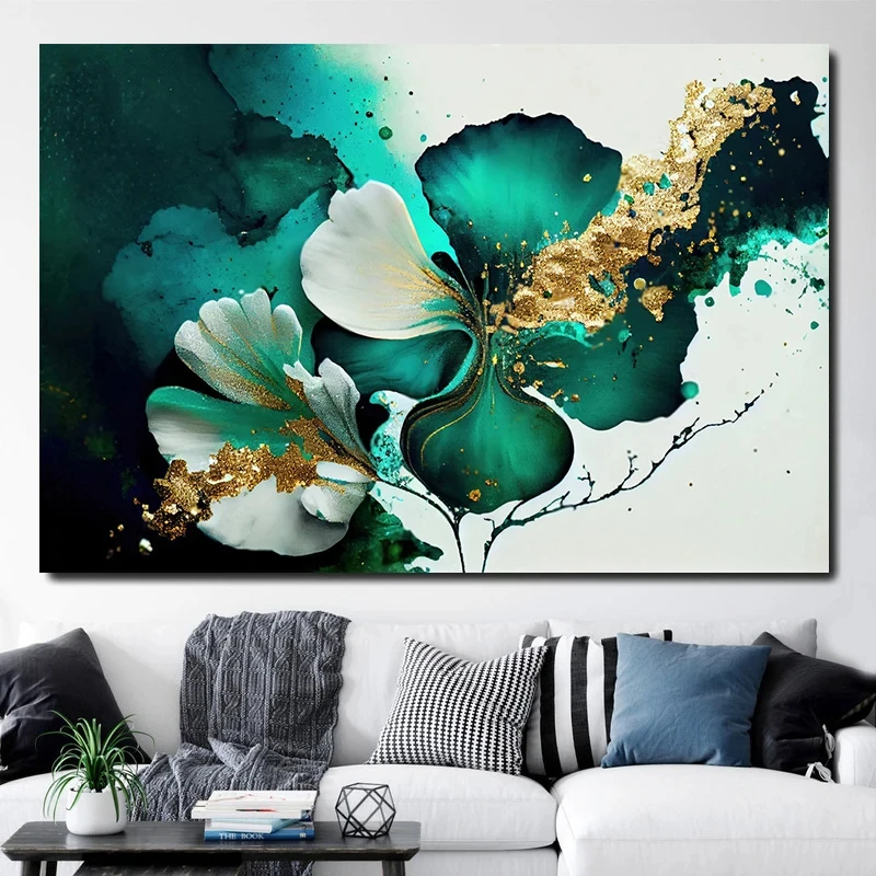 Floral with abstract green white flowers Canvas wall art Gold foil floral poster living room decorative painting