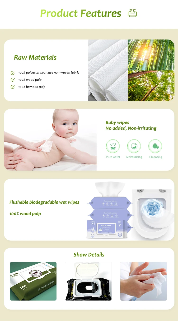 Wholesale custom Natural organic biodegradable cleaning flushable soft sensitive baby wet wipes