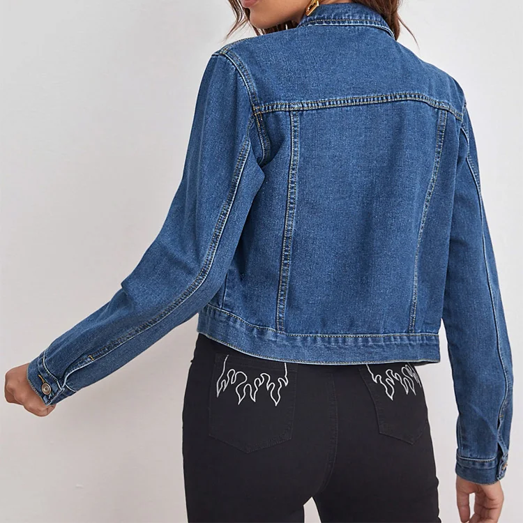 New customized jean ladies coat fashion indigo denim jacket custom medium wash button front denim jacket