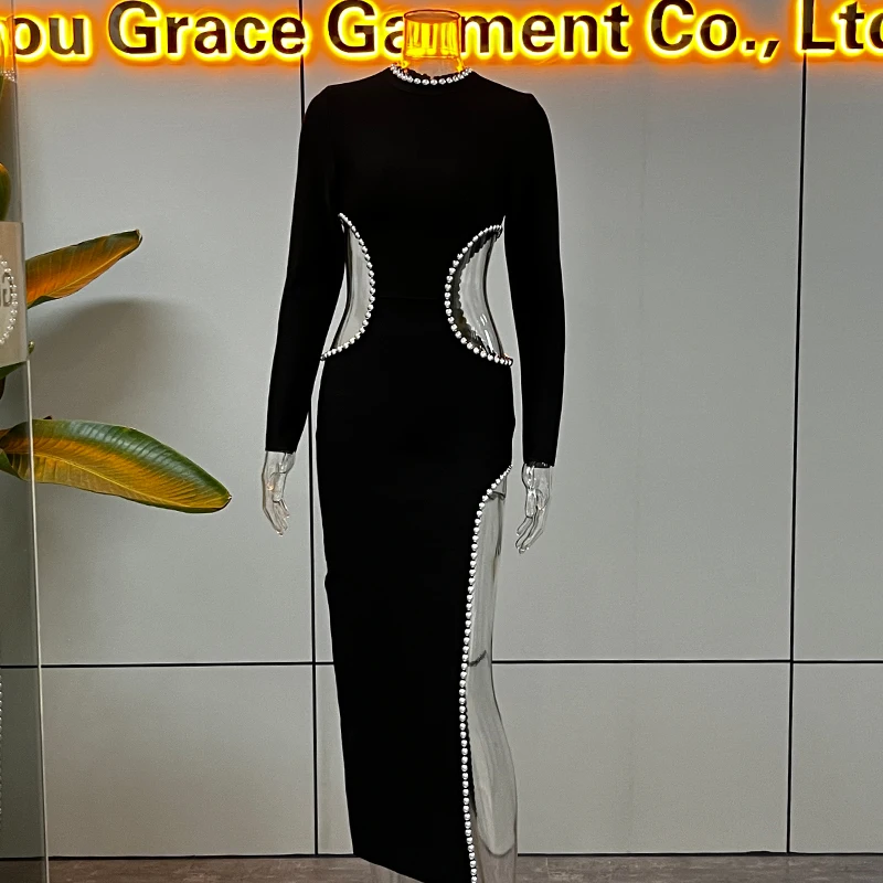 Elegant Front Slit Cutout Design Maxi Bodycon Black bead design evening Dress with Bead Decoration