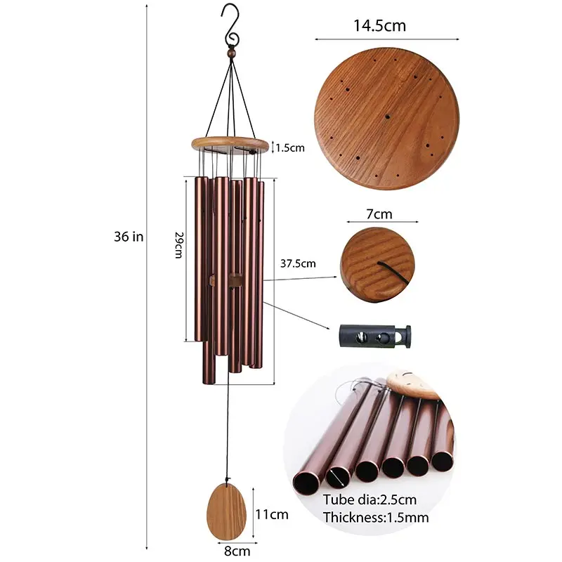 36in aluminum tube wind chime  with wooden top and garden japanese metal wind chimes