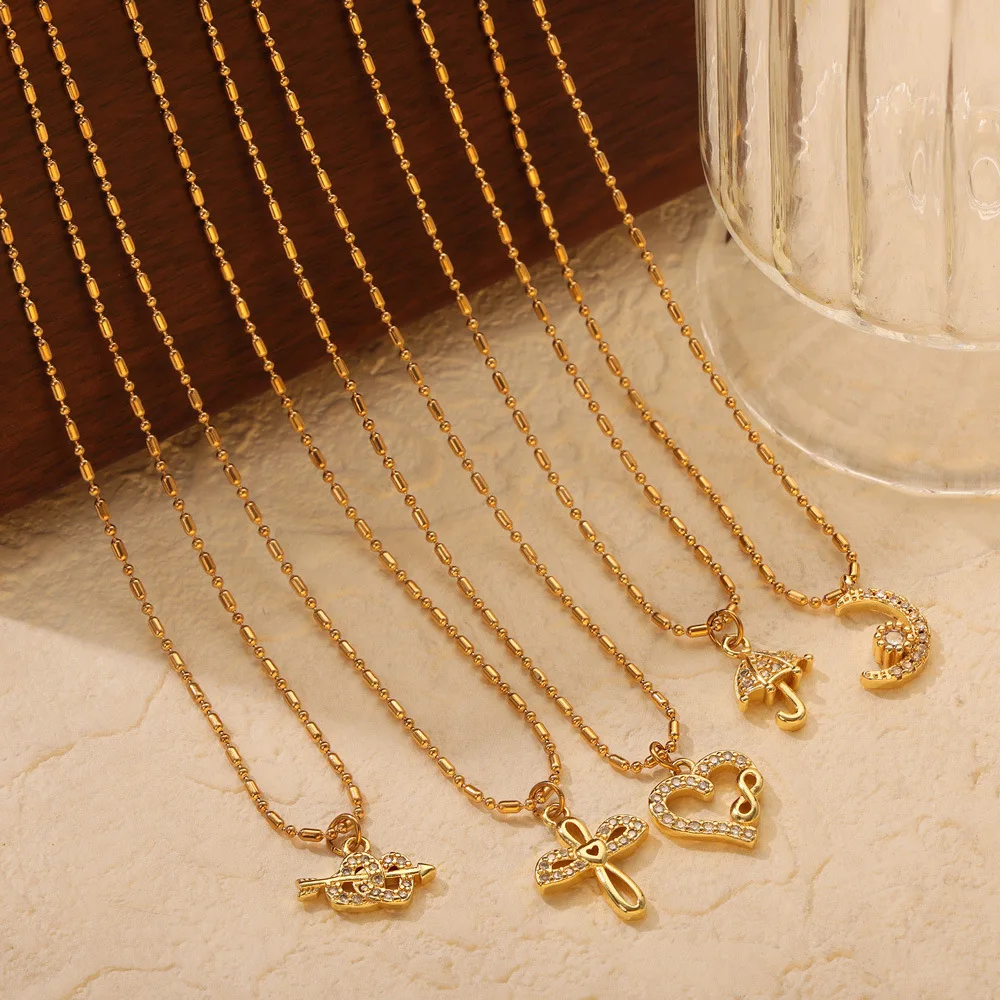 Summer Jewelry Waterproof Stainless Steel 18K Gold Plated Cross Moon Heart Pendant Necklace for Women