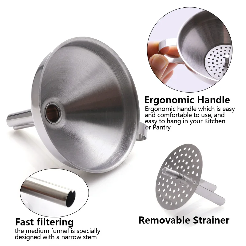 Factory Wholesale Stainless SteelPremium Quality Kitchen Tool Oils Liquid Metal Funnel With Filter
