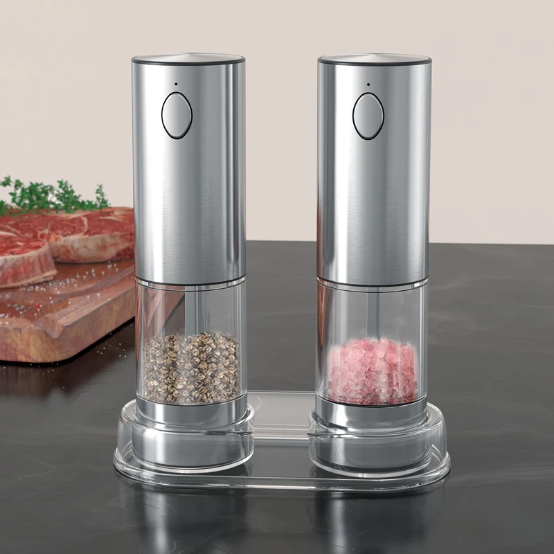 New Arrivals Stainless Steel 95ML Rechargeable Electric Salt and Pepper Spice Grinder Mills Set with Storage Base