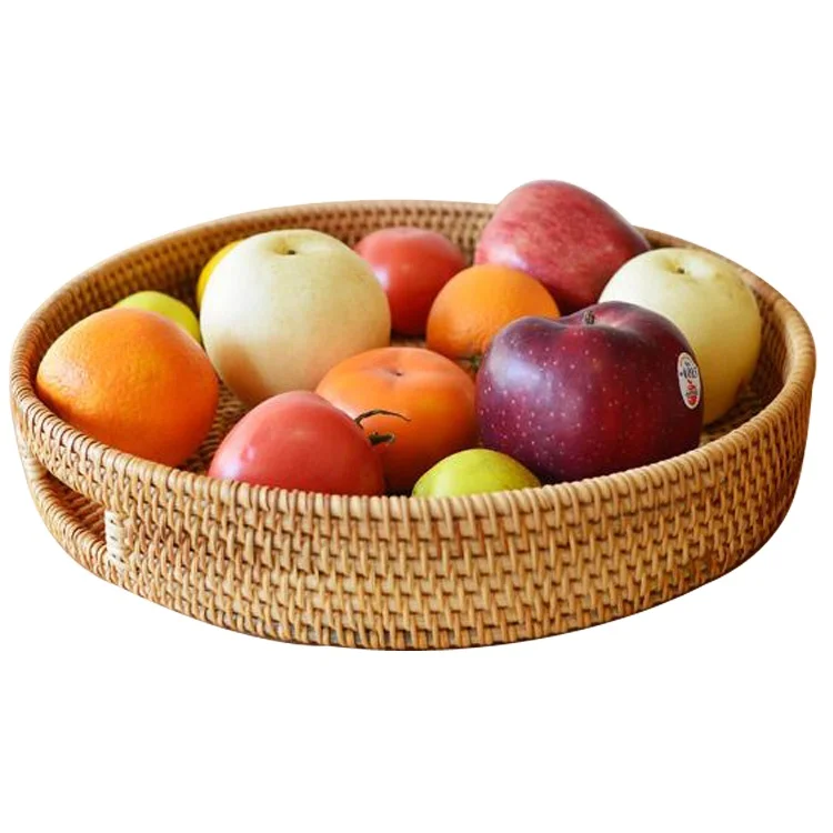 Wholesale Woven Fruit Storage Tray Decor Set Durable Round Serving Natural Rattan Tray