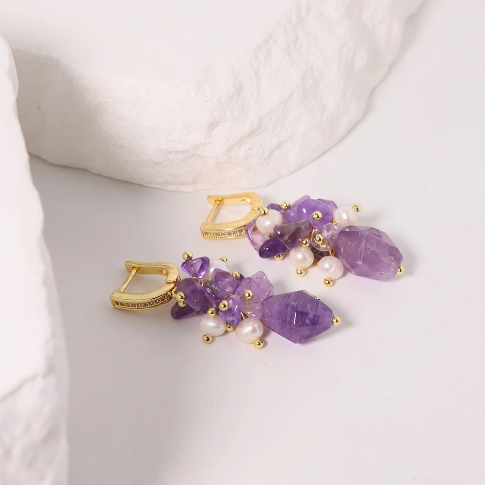 Natural Freshwater Pearl Amethyst Purple Earrings Earring for Woman Korean Fashion Style Vintage Personality Lady Jewelry
