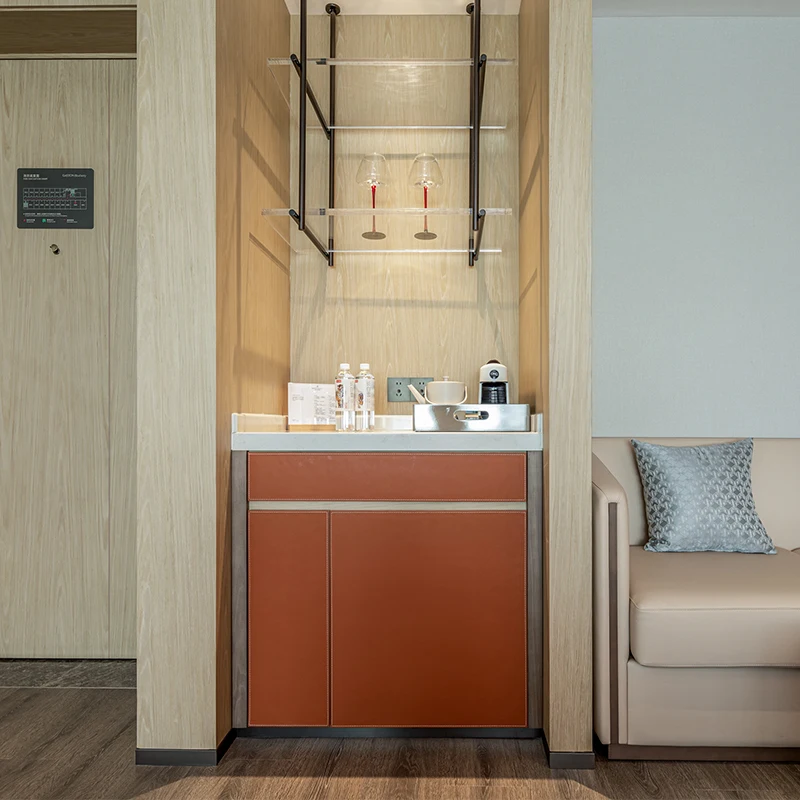 Contemporary Marble Top Mini Refrigerator Cabinet 4-Star Hotel Leather & Stainless Steel Hidden Light Minibar Furniture